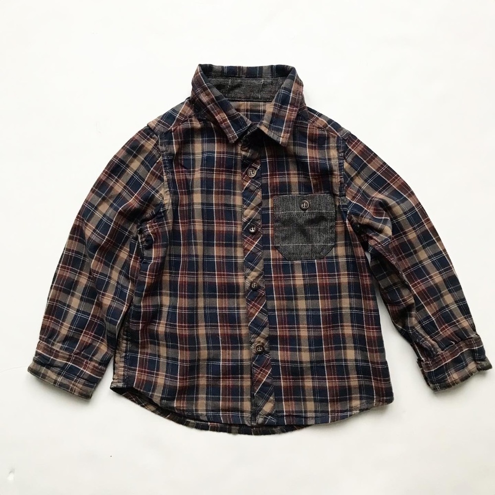 Mothercare brown/navy plaid button up shirt EUC 2-3T